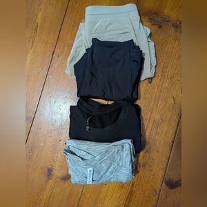 Athleta Heather Gray, Black Tops and Beige Pants